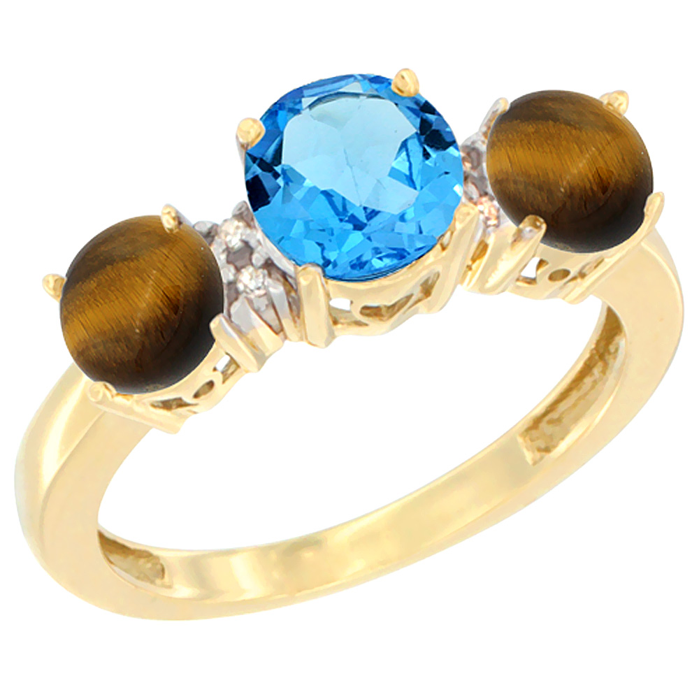 14K Yellow Gold Round 3-Stone Natural Swiss Blue Topaz Ring &amp; Tiger Eye Sides Diamond Accent, sizes 5 - 10