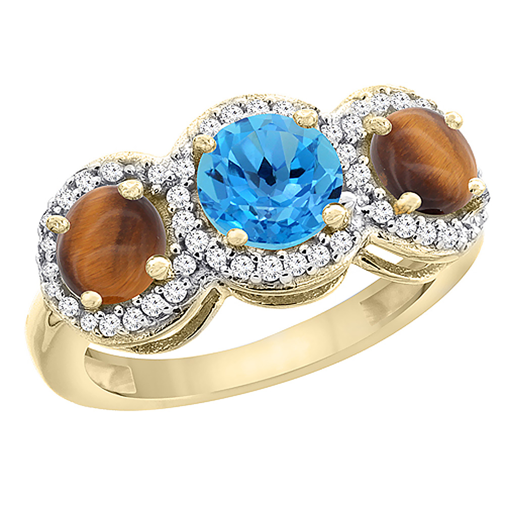 14K Yellow Gold Natural Swiss Blue Topaz &amp; Tiger Eye Sides Round 3-stone Ring Diamond Accents, sizes 5 - 10