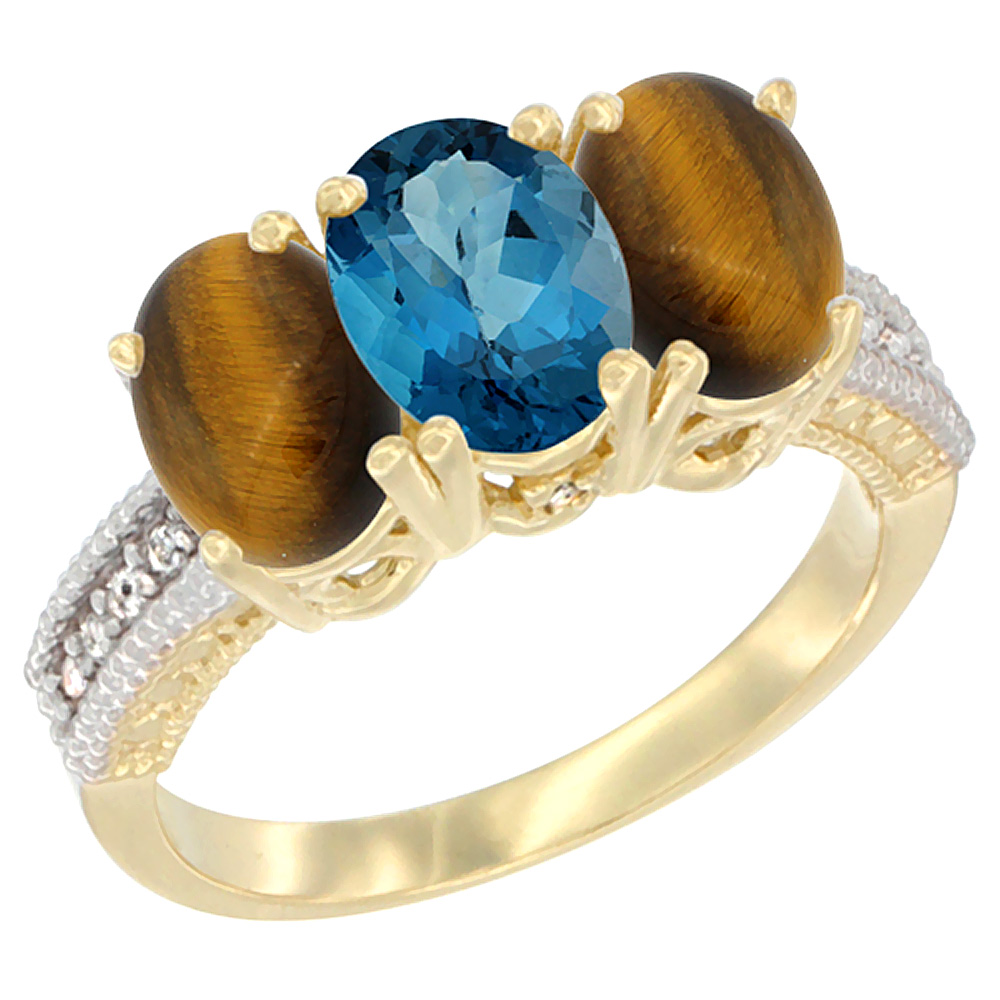 14K Yellow Gold Natural London Blue Topaz &amp; Tiger Eye Sides Ring 3-Stone 7x5 mm Oval Diamond Accent, sizes 5 - 10