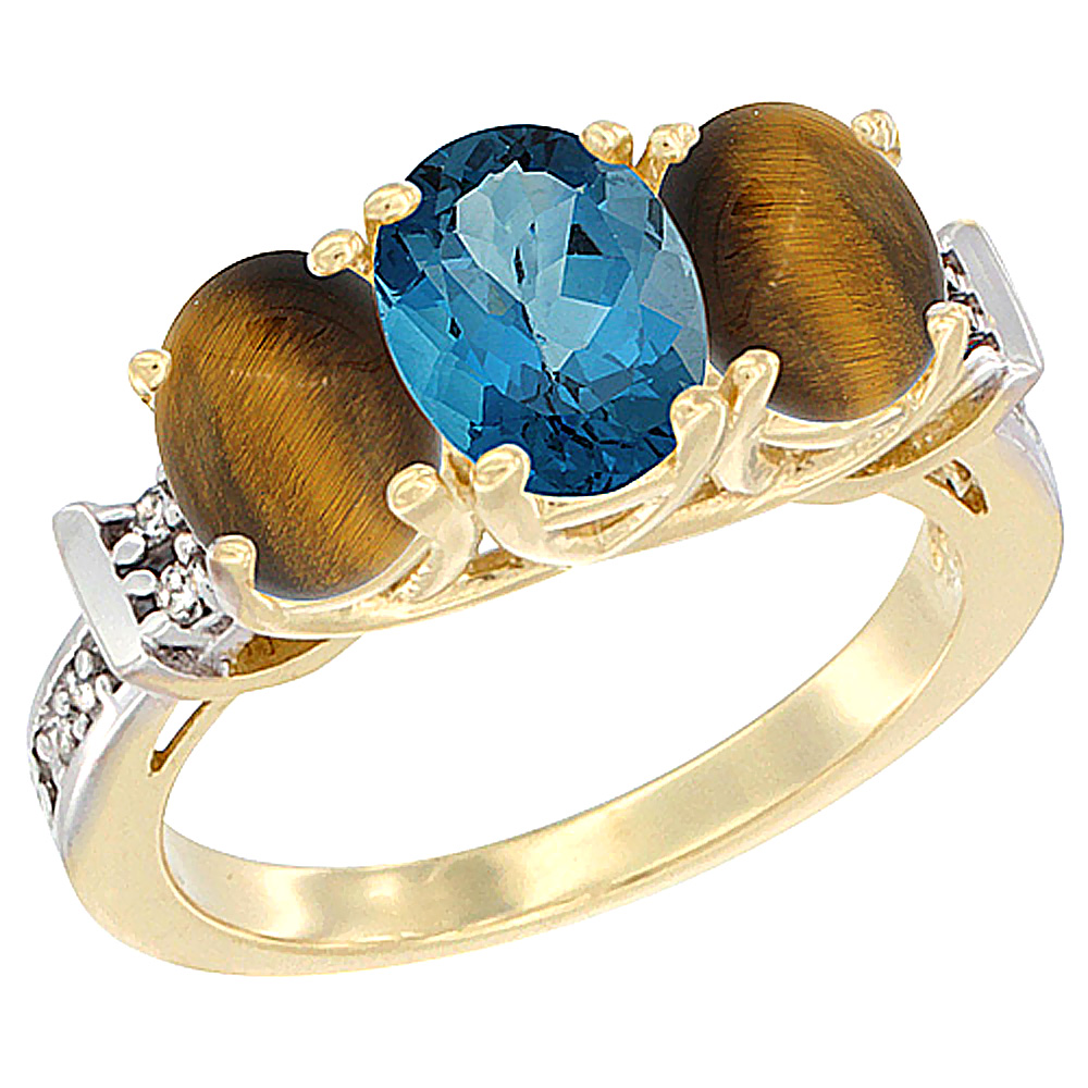 10K Yellow Gold Natural London Blue Topaz & Tiger Eye Sides Ring 3-Stone Oval Diamond Accent, sizes 5 - 10