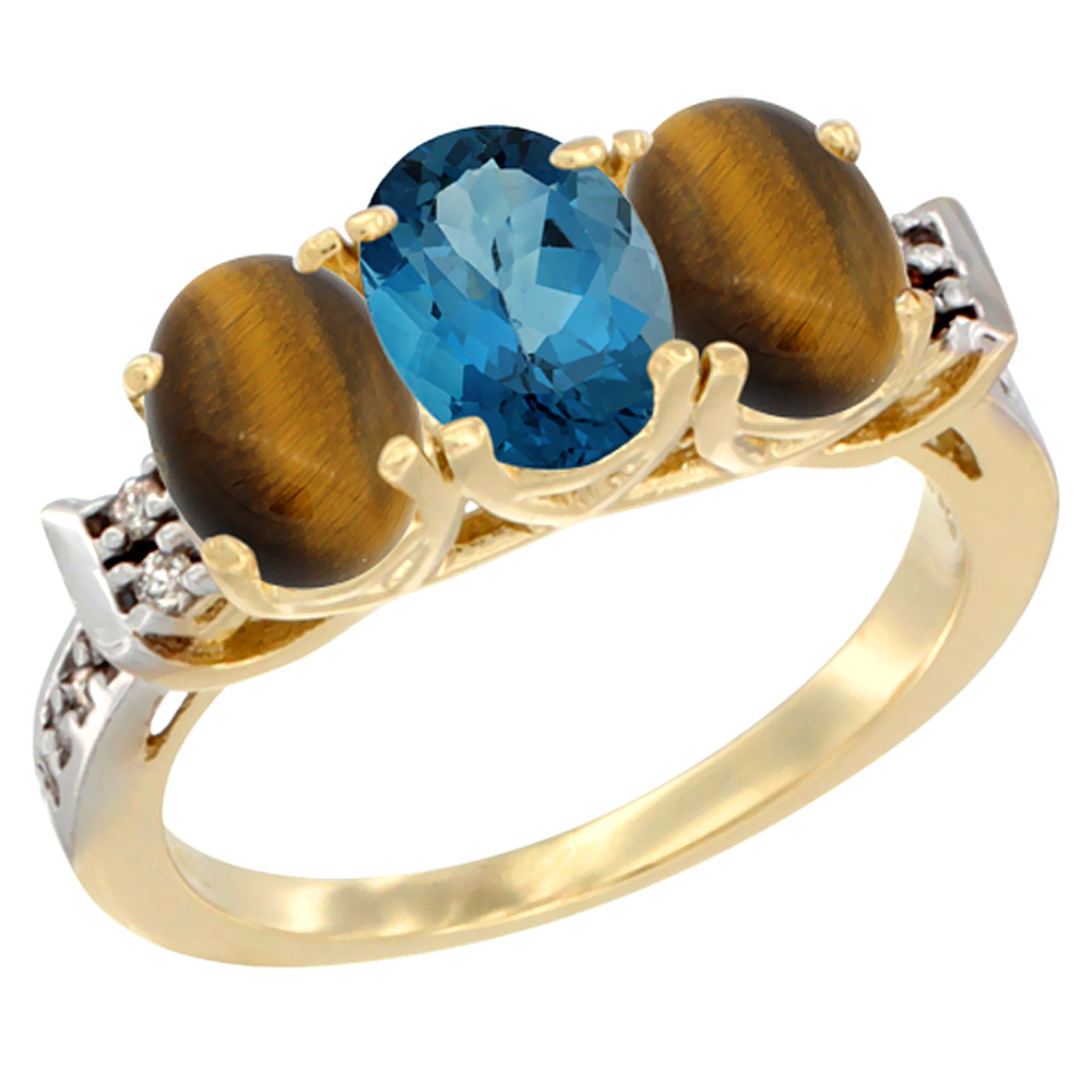 10K Yellow Gold Natural London Blue Topaz & Tiger Eye Sides Ring 3-Stone Oval 7x5 mm Diamond Accent, sizes 5 - 10