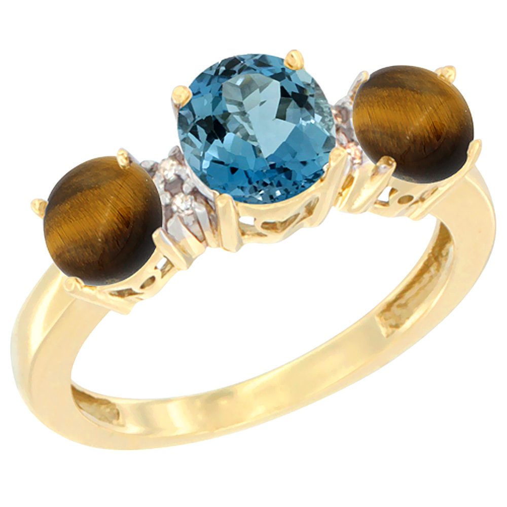 14K Yellow Gold Round 3-Stone Natural London Blue Topaz Ring &amp; Tiger Eye Sides Diamond Accent, sizes 5 - 10