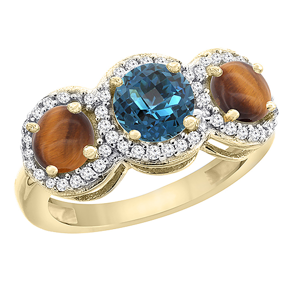 14K Yellow Gold Natural London Blue Topaz &amp; Tiger Eye Sides Round 3-stone Ring Diamond Accents, sizes 5 - 10