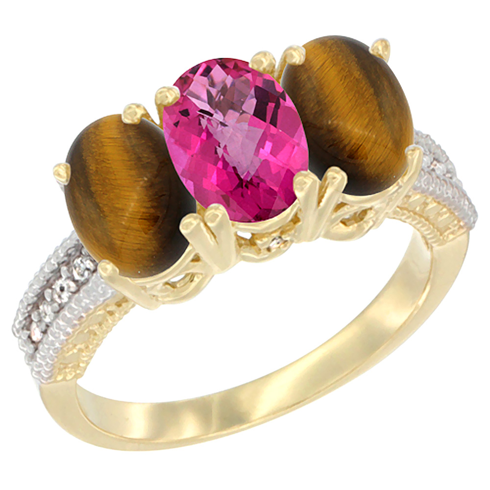 10K Yellow Gold Diamond Natural Pink Topaz &amp; Tiger Eye Ring 3-Stone 7x5 mm Oval, sizes 5 - 10