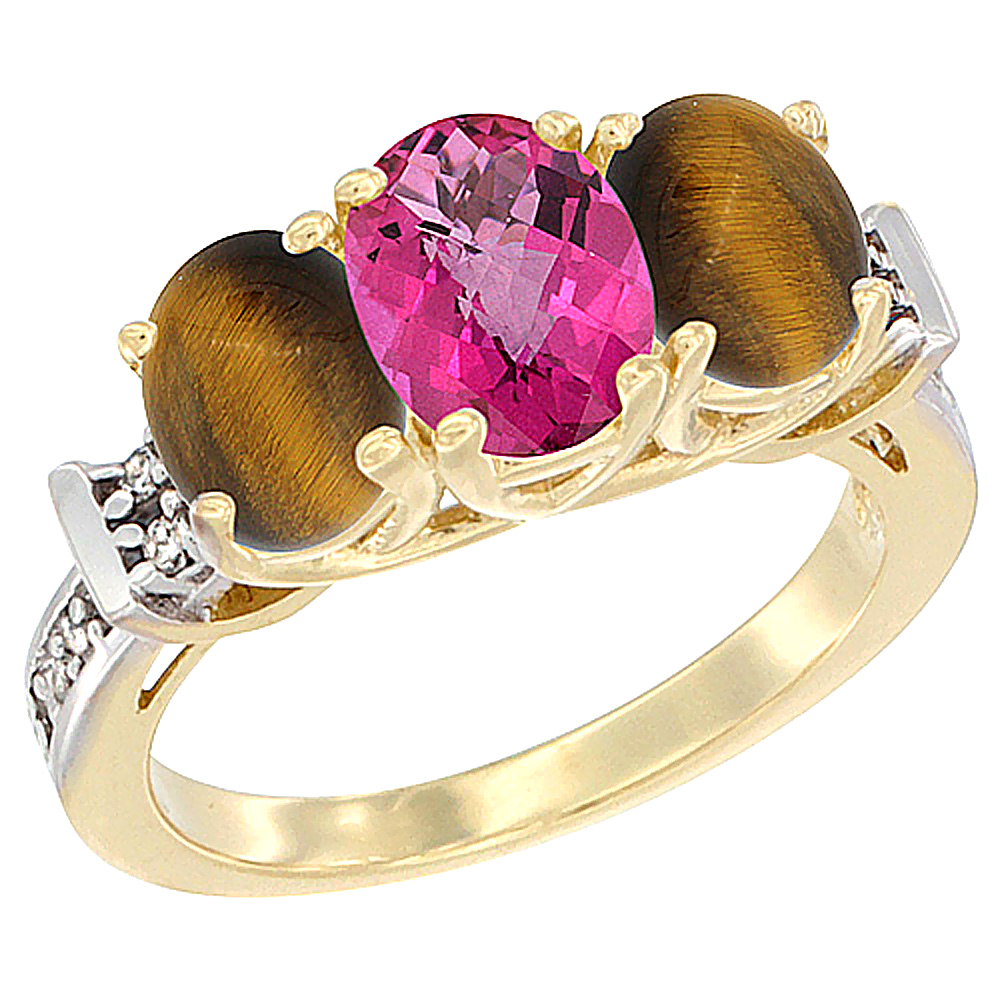 14K Yellow Gold Natural Pink Topaz &amp; Tiger Eye Sides Ring 3-Stone Oval Diamond Accent, sizes 5 - 10