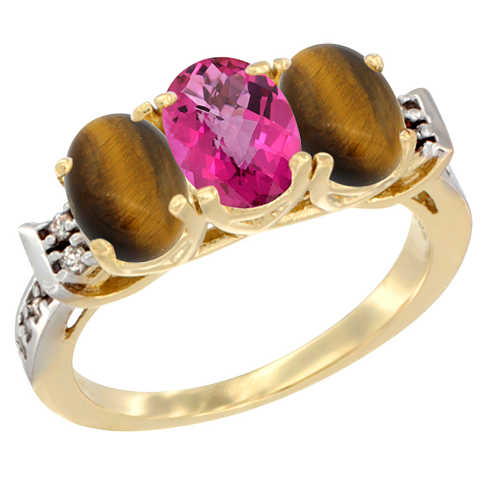 10K Yellow Gold Natural Pink Topaz &amp; Tiger Eye Sides Ring 3-Stone Oval 7x5 mm Diamond Accent, sizes 5 - 10
