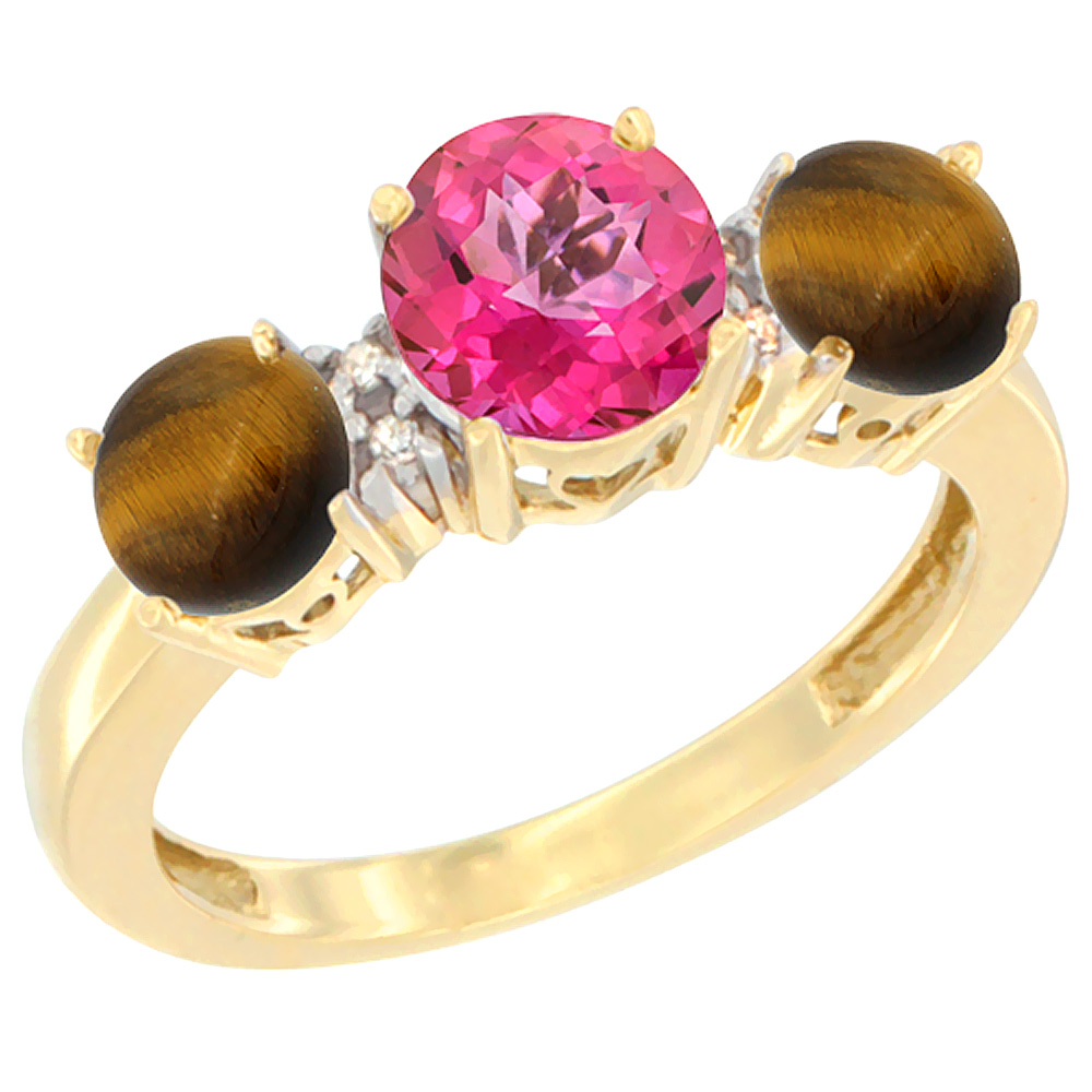 10K Yellow Gold Round 3-Stone Natural Pink Topaz Ring &amp; Tiger Eye Sides Diamond Accent, sizes 5 - 10