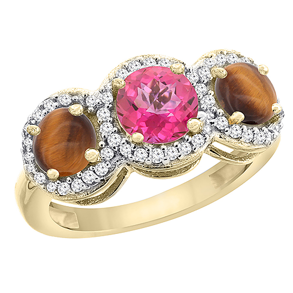 10K Yellow Gold Natural Pink Topaz &amp; Tiger Eye Sides Round 3-stone Ring Diamond Accents, sizes 5 - 10