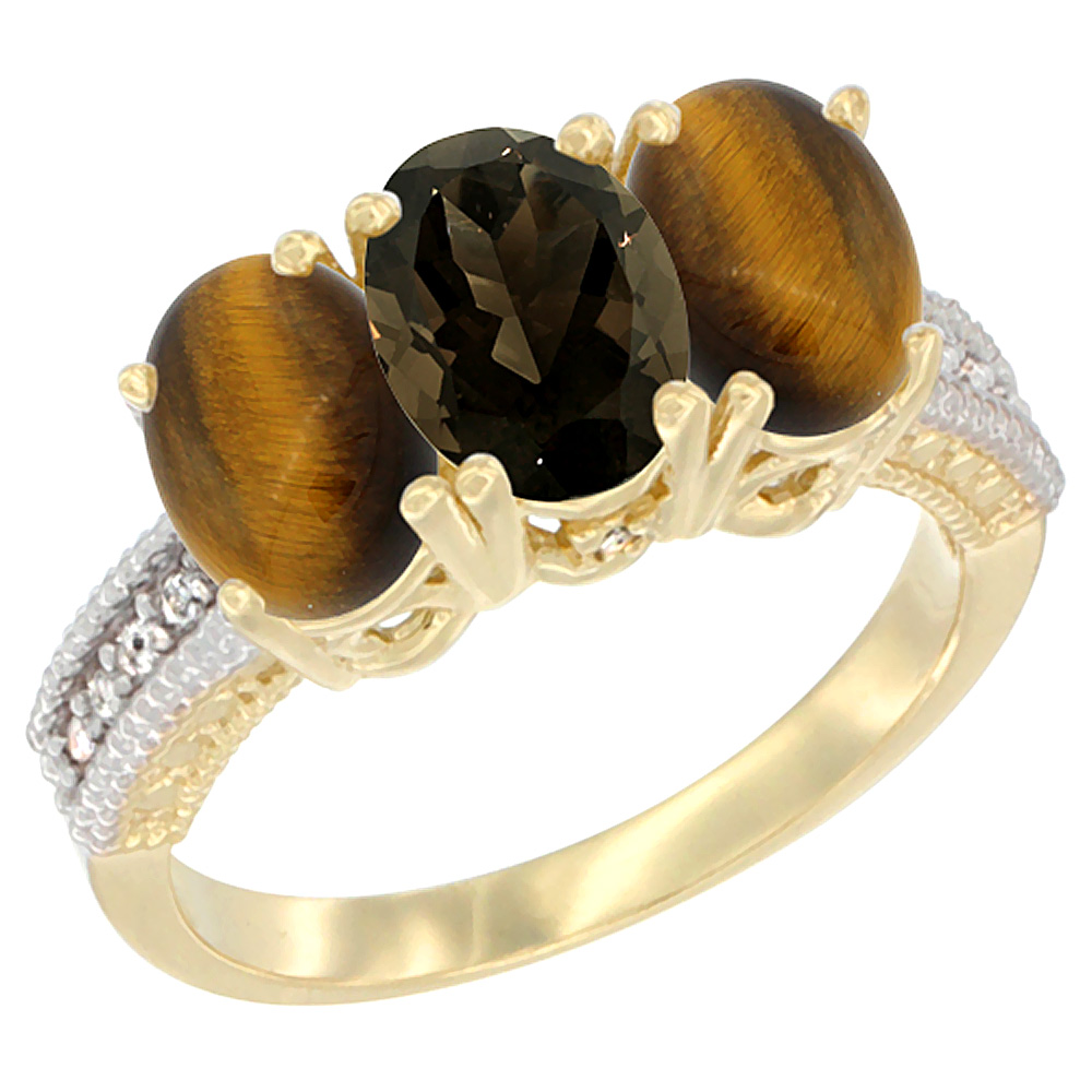 14K Yellow Gold Natural Smoky Topaz &amp; Tiger Eye Sides Ring 3-Stone 7x5 mm Oval Diamond Accent, sizes 5 - 10