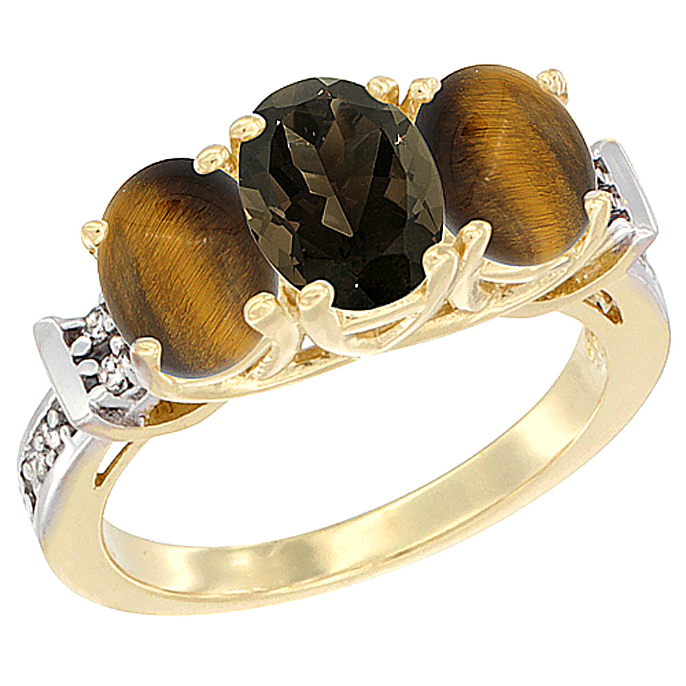 14K Yellow Gold Natural Smoky Topaz & Tiger Eye Sides Ring 3-Stone Oval Diamond Accent, sizes 5 - 10