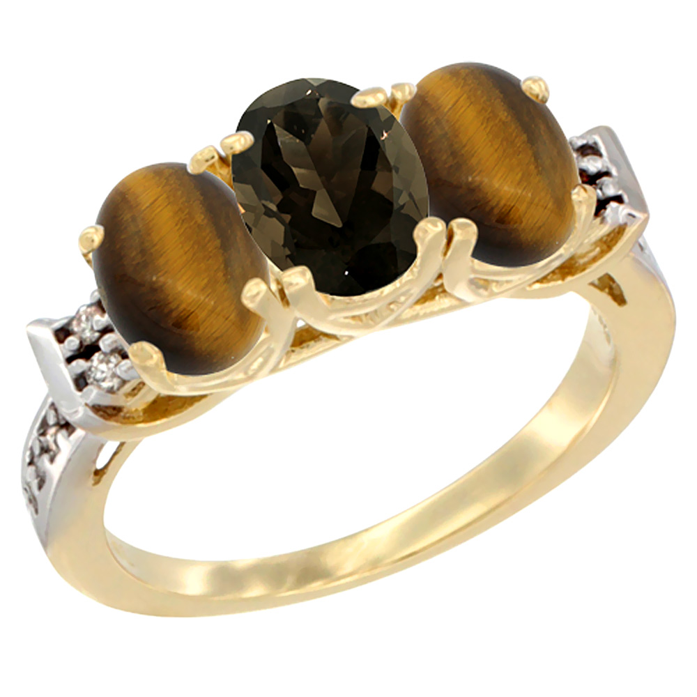 10K Yellow Gold Natural Smoky Topaz & Tiger Eye Sides Ring 3-Stone Oval 7x5 mm Diamond Accent, sizes 5 - 10