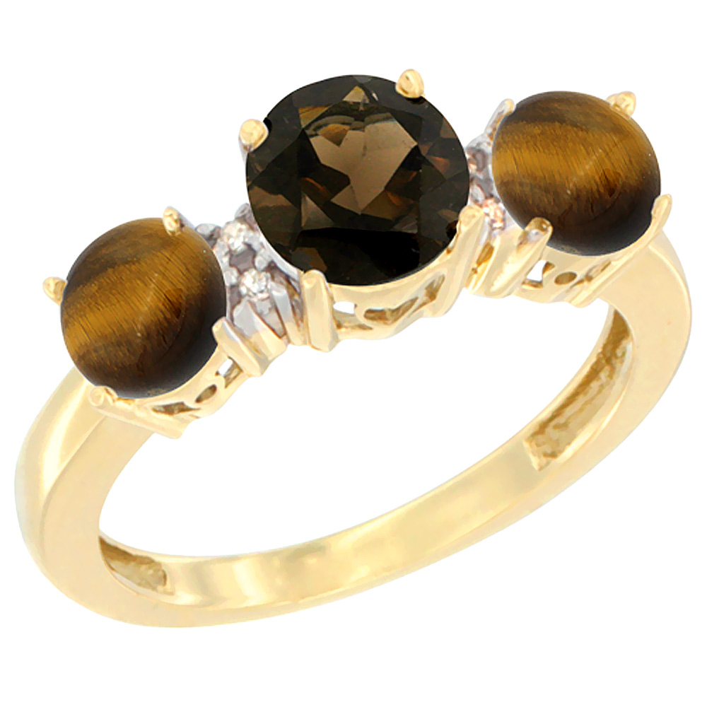 10K Yellow Gold Round 3-Stone Natural Smoky Topaz Ring &amp; Tiger Eye Sides Diamond Accent, sizes 5 - 10