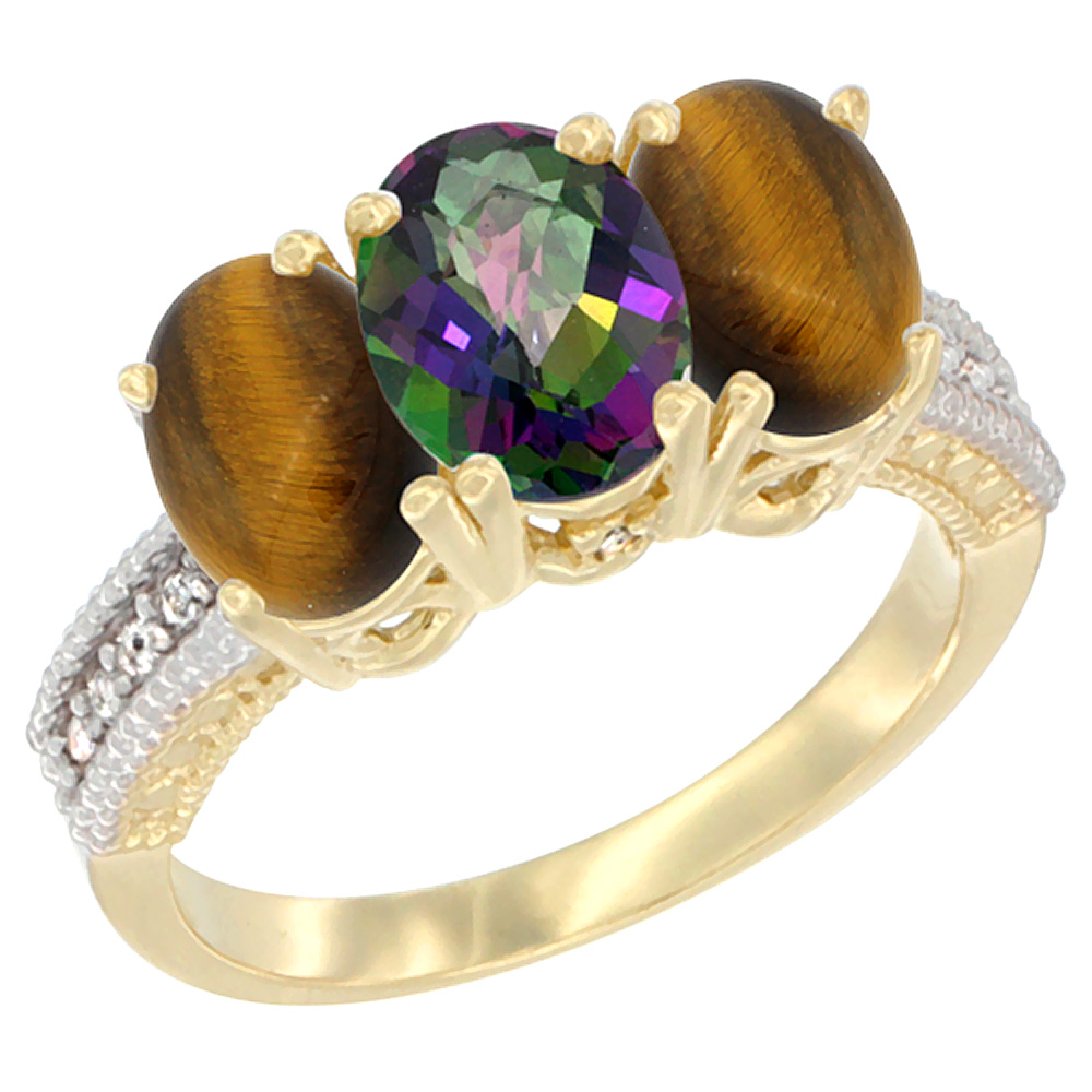 14K Yellow Gold Natural Mystic Topaz &amp; Tiger Eye Sides Ring 3-Stone 7x5 mm Oval Diamond Accent, sizes 5 - 10