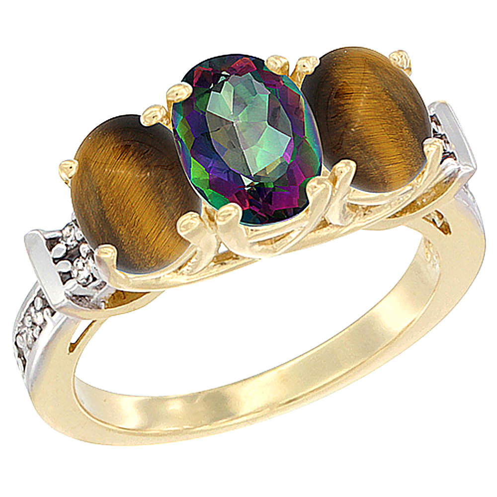 10K Yellow Gold Natural Mystic Topaz &amp; Tiger Eye Sides Ring 3-Stone Oval Diamond Accent, sizes 5 - 10