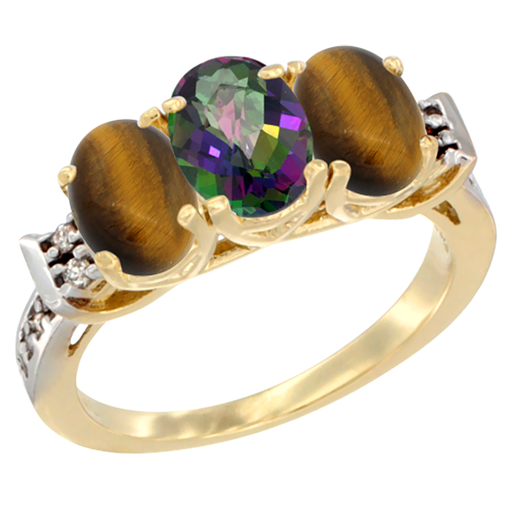 10K Yellow Gold Natural Mystic Topaz & Tiger Eye Sides Ring 3-Stone Oval 7x5 mm Diamond Accent, sizes 5 - 10