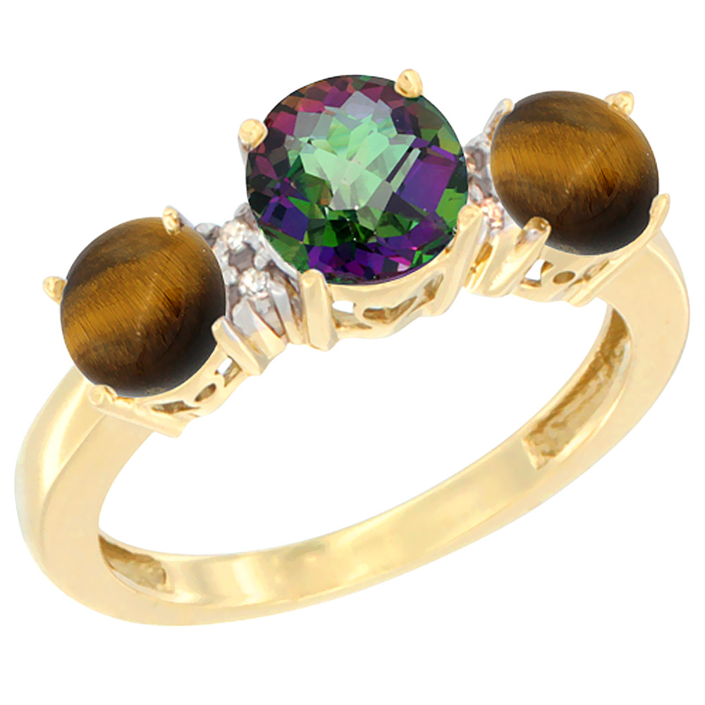 10K Yellow Gold Round 3-Stone Natural Mystic Topaz Ring &amp; Tiger Eye Sides Diamond Accent, sizes 5 - 10
