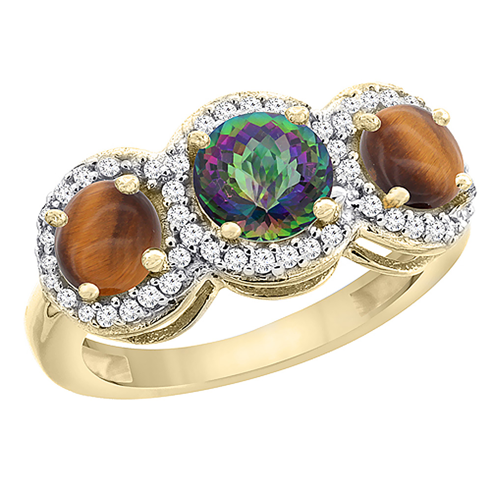 10K Yellow Gold Natural Mystic Topaz &amp; Tiger Eye Sides Round 3-stone Ring Diamond Accents, sizes 5 - 10