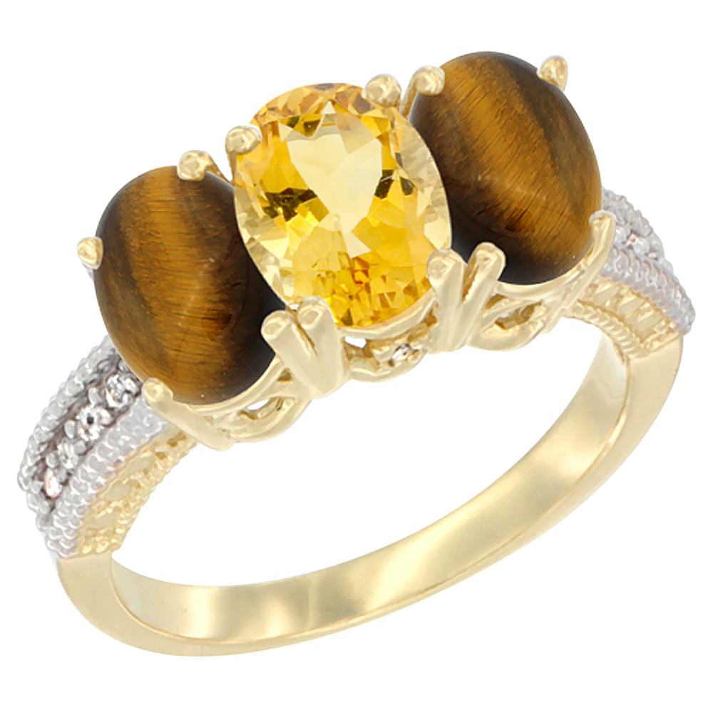 14K Yellow Gold Natural Citrine &amp; Tiger Eye Sides Ring 3-Stone 7x5 mm Oval Diamond Accent, sizes 5 - 10