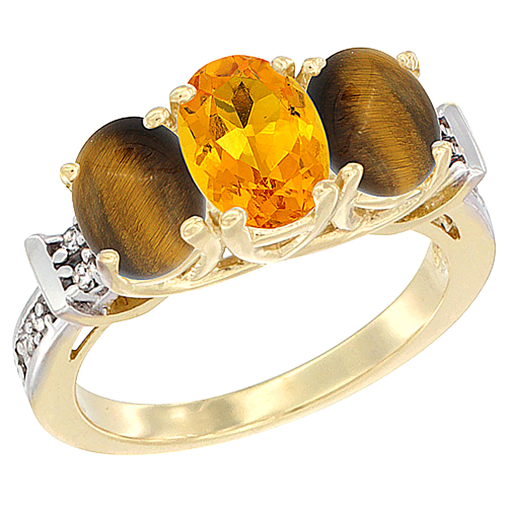 14K Yellow Gold Natural Citrine &amp; Tiger Eye Sides Ring 3-Stone Oval Diamond Accent, sizes 5 - 10