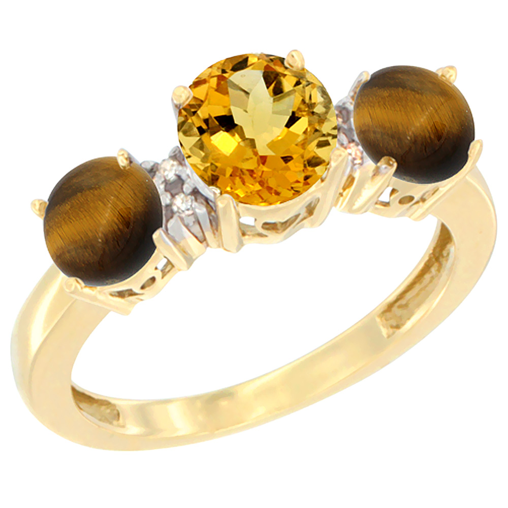 14K Yellow Gold Round 3-Stone Natural Citrine Ring & Tiger Eye Sides Diamond Accent, sizes 5 - 10