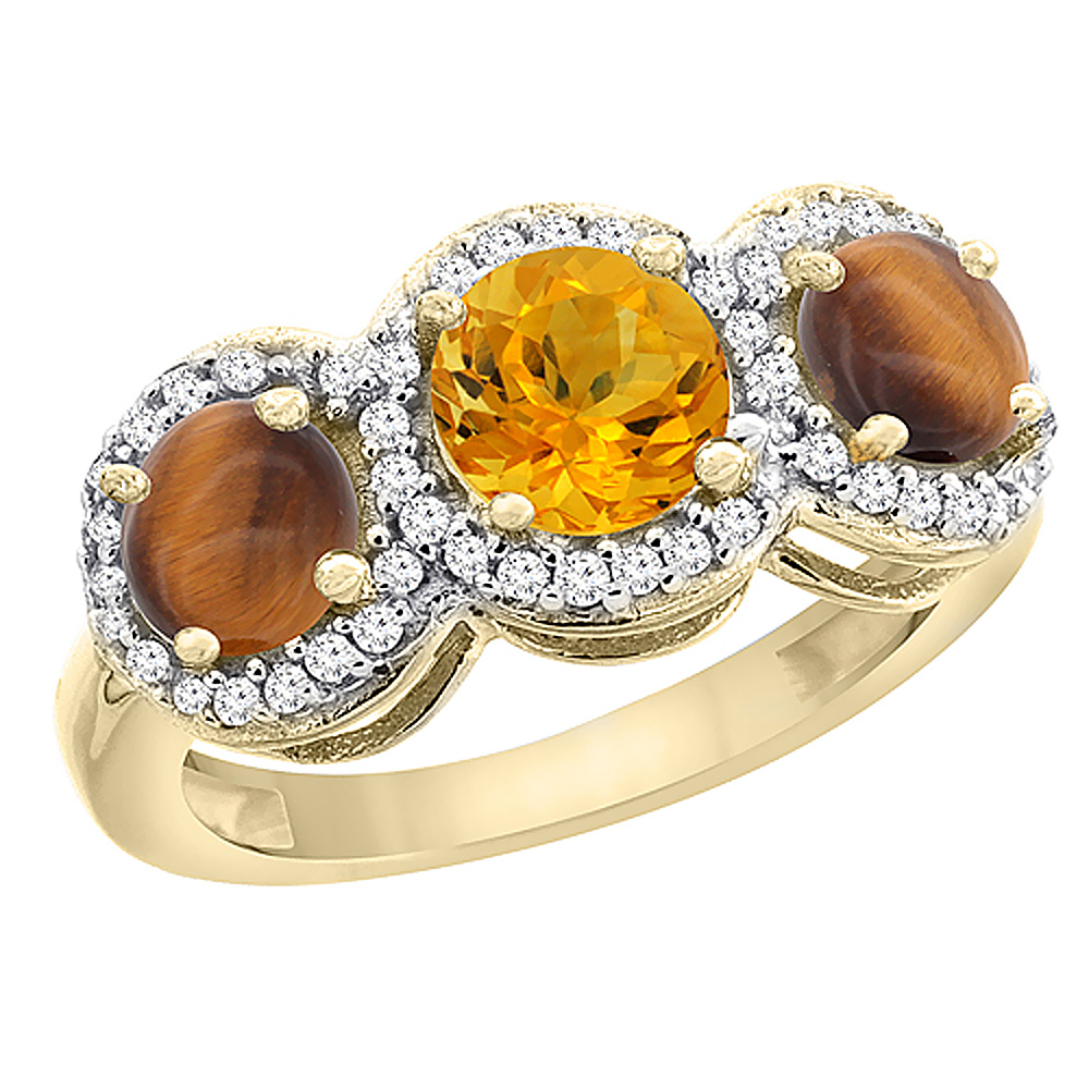 14K Yellow Gold Natural Citrine &amp; Tiger Eye Sides Round 3-stone Ring Diamond Accents, sizes 5 - 10