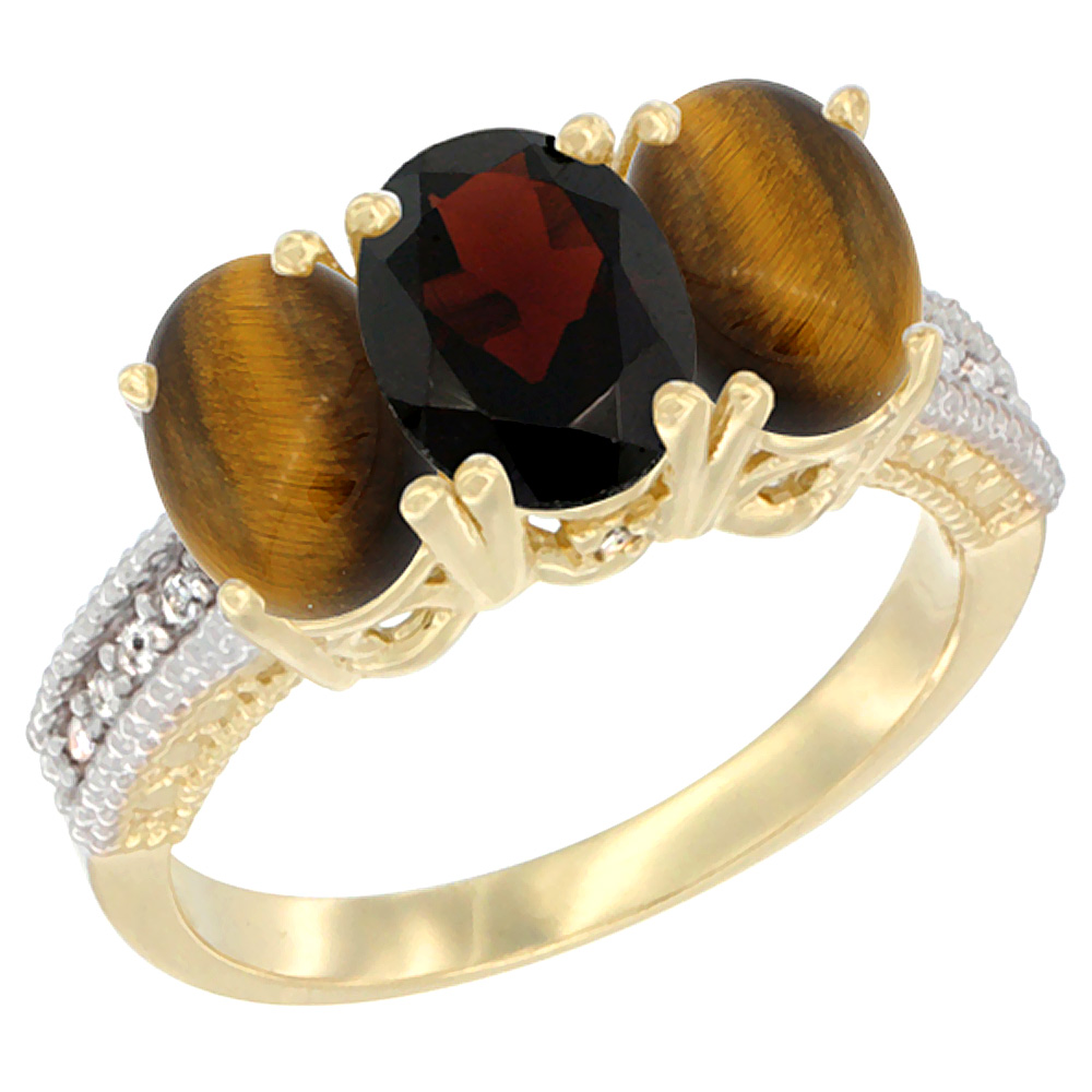 14K Yellow Gold Natural Garnet &amp; Tiger Eye Sides Ring 3-Stone 7x5 mm Oval Diamond Accent, sizes 5 - 10