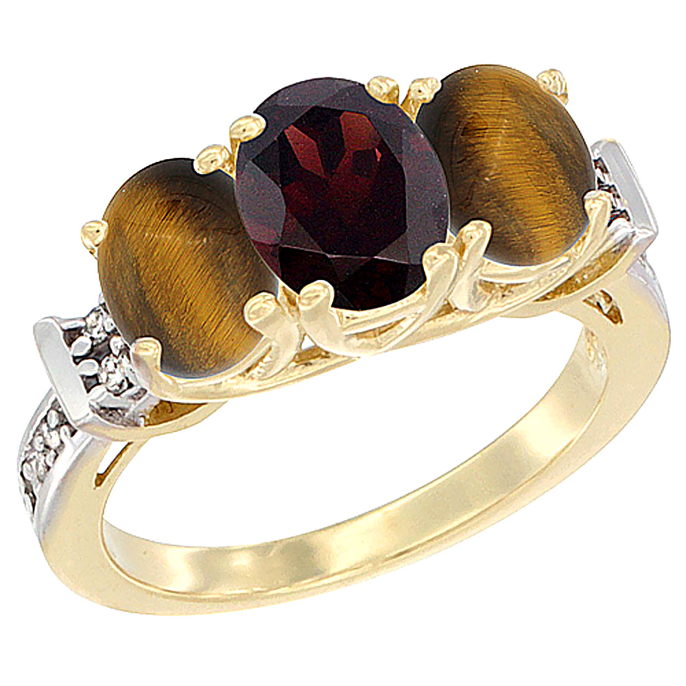 10K Yellow Gold Natural Garnet & Tiger Eye Sides Ring 3-Stone Oval Diamond Accent, sizes 5 - 10