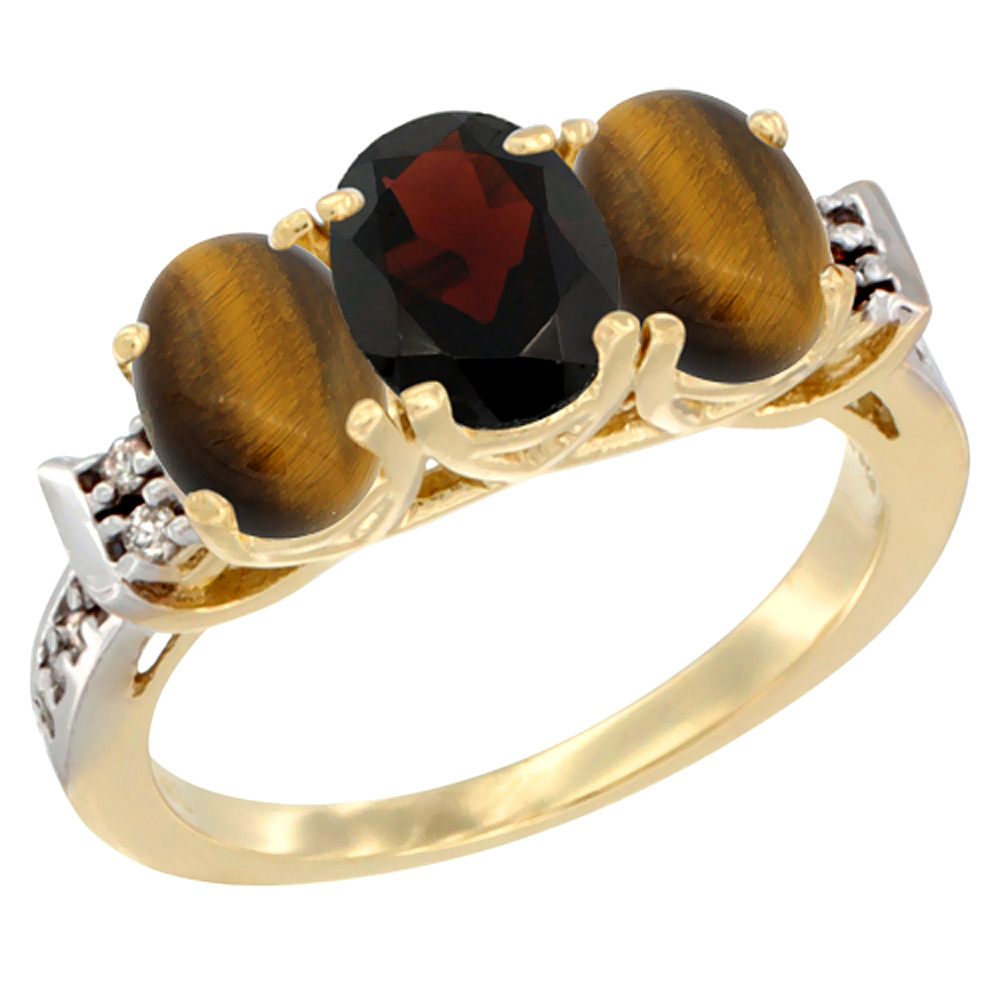 14K Yellow Gold Natural Garnet & Tiger Eye Sides Ring 3-Stone Oval 7x5 mm Diamond Accent, sizes 5 - 10