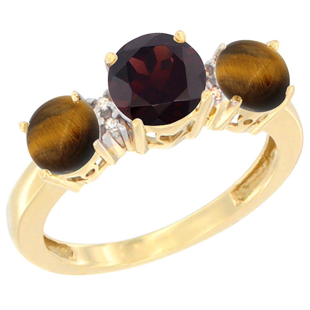 14K Yellow Gold Round 3-Stone Natural Garnet Ring &amp; Tiger Eye Sides Diamond Accent, sizes 5 - 10