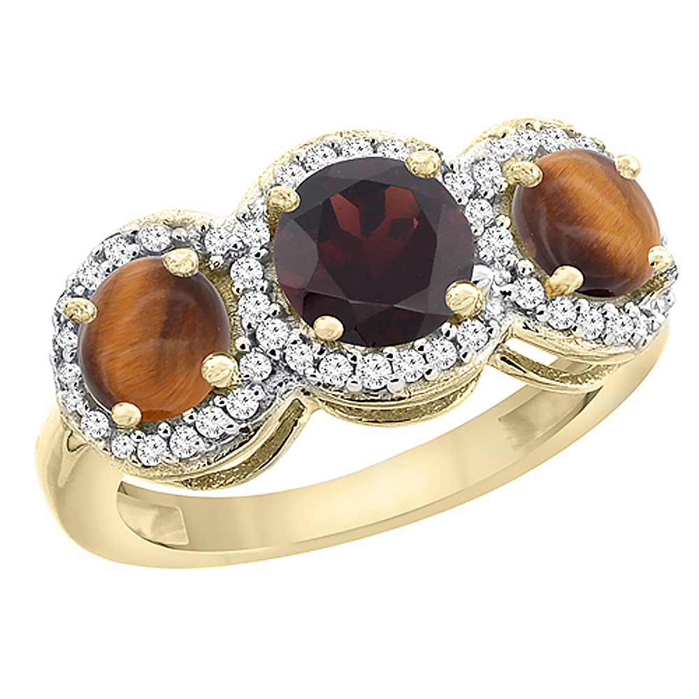 14K Yellow Gold Natural Garnet & Tiger Eye Sides Round 3-stone Ring Diamond Accents, sizes 5 - 10