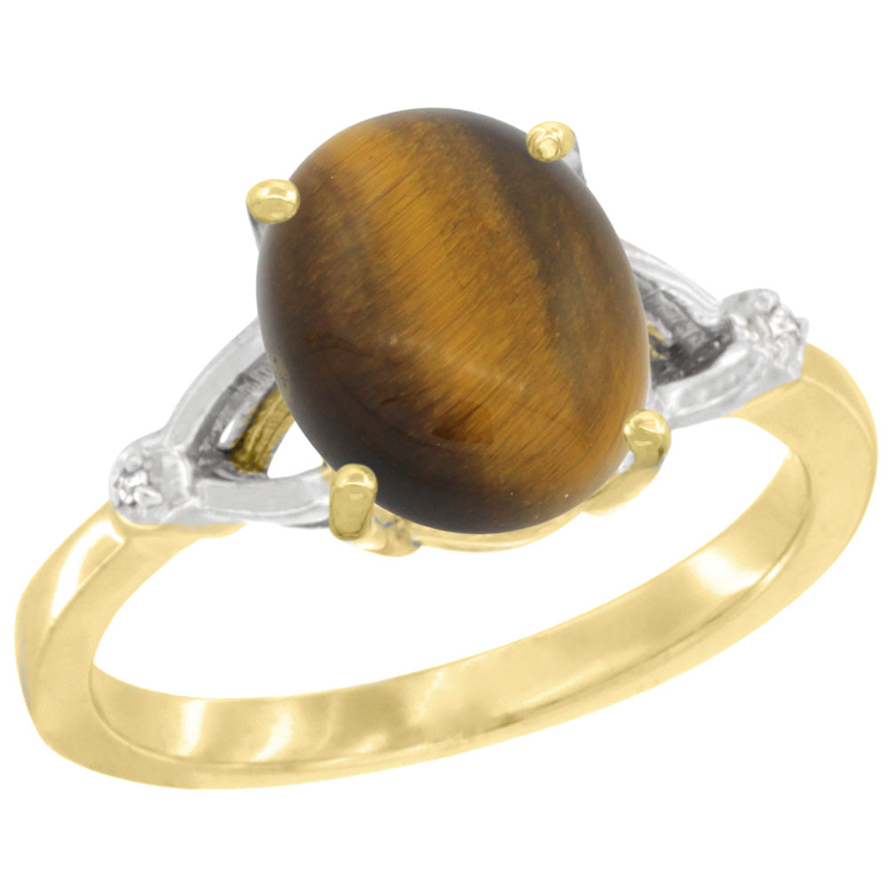 14K YELLOW GOLD SIMPLE LARGE 4 PRONG 10X8MM OVAL TIGER EYE ENGAGEMENT RING FOR WOMEN 3/8 INCH WIDE SIZES 6-10