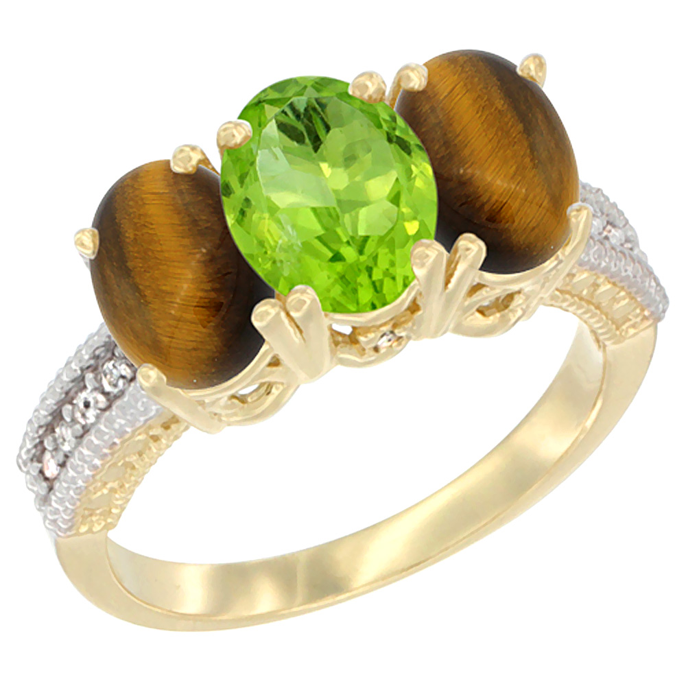 14K Yellow Gold Natural Peridot &amp; Tiger Eye Sides Ring 3-Stone 7x5 mm Oval Diamond Accent, sizes 5 - 10