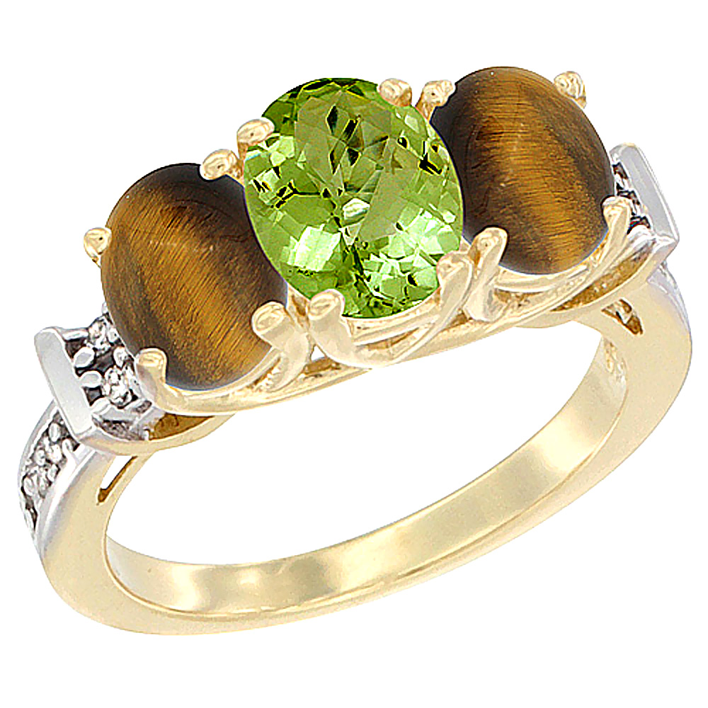 14K Yellow Gold Natural Peridot & Tiger Eye Sides Ring 3-Stone Oval Diamond Accent, sizes 5 - 10