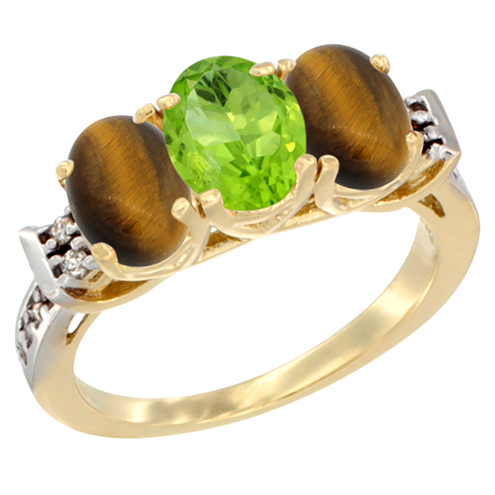 10K Yellow Gold Natural Peridot & Tiger Eye Sides Ring 3-Stone Oval 7x5 mm Diamond Accent, sizes 5 - 10