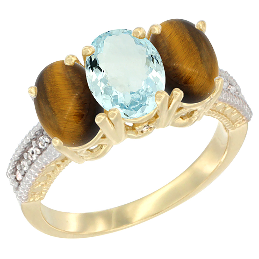 14K Yellow Gold Natural Aquamarine &amp; Tiger Eye Sides Ring 3-Stone 7x5 mm Oval Diamond Accent, sizes 5 - 10