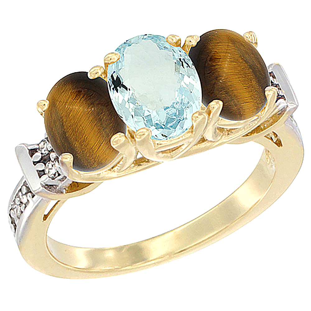 14K Yellow Gold Natural Aquamarine &amp; Tiger Eye Sides Ring 3-Stone Oval Diamond Accent, sizes 5 - 10