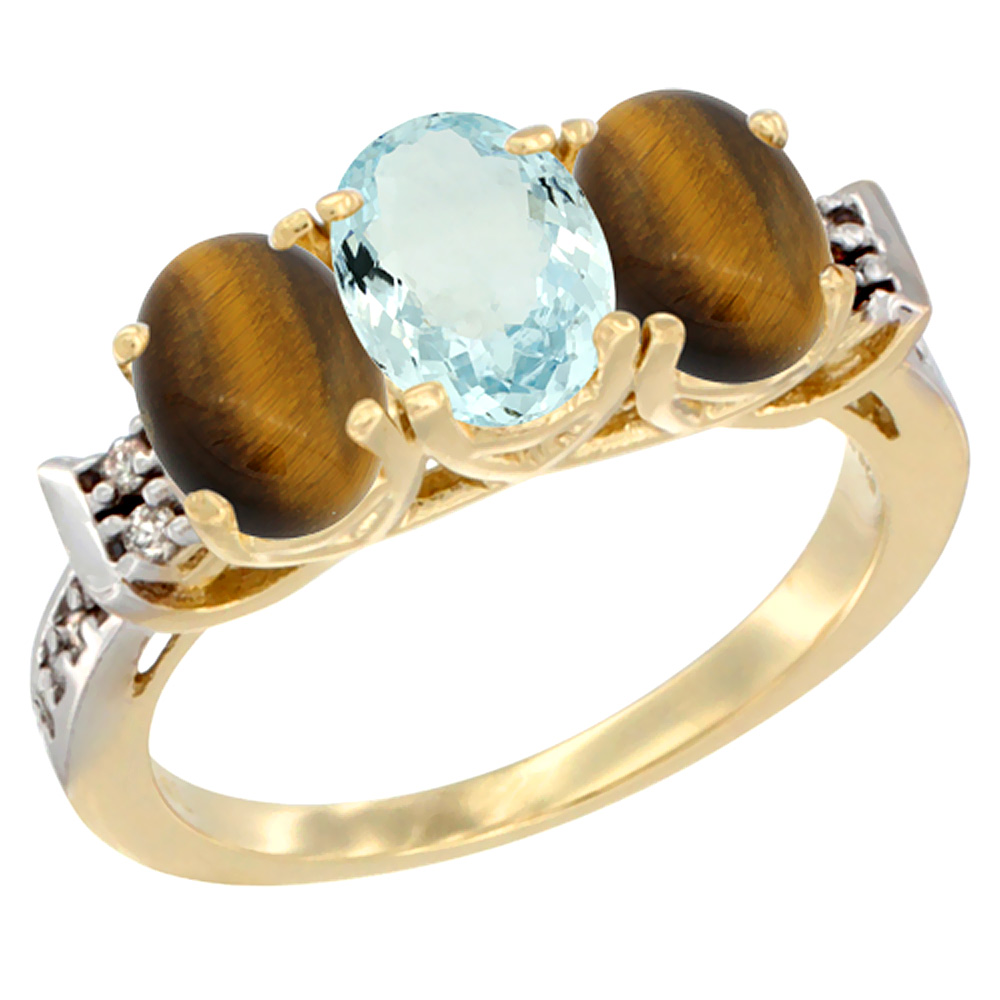 14K Yellow Gold Natural Aquamarine & Tiger Eye Sides Ring 3-Stone Oval 7x5 mm Diamond Accent, sizes 5 - 10