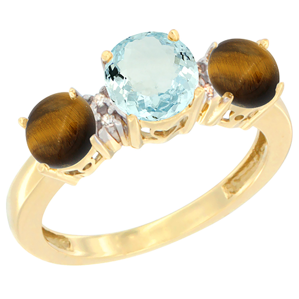 10K Yellow Gold Round 3-Stone Natural Aquamarine Ring & Tiger Eye Sides Diamond Accent, sizes 5 - 10