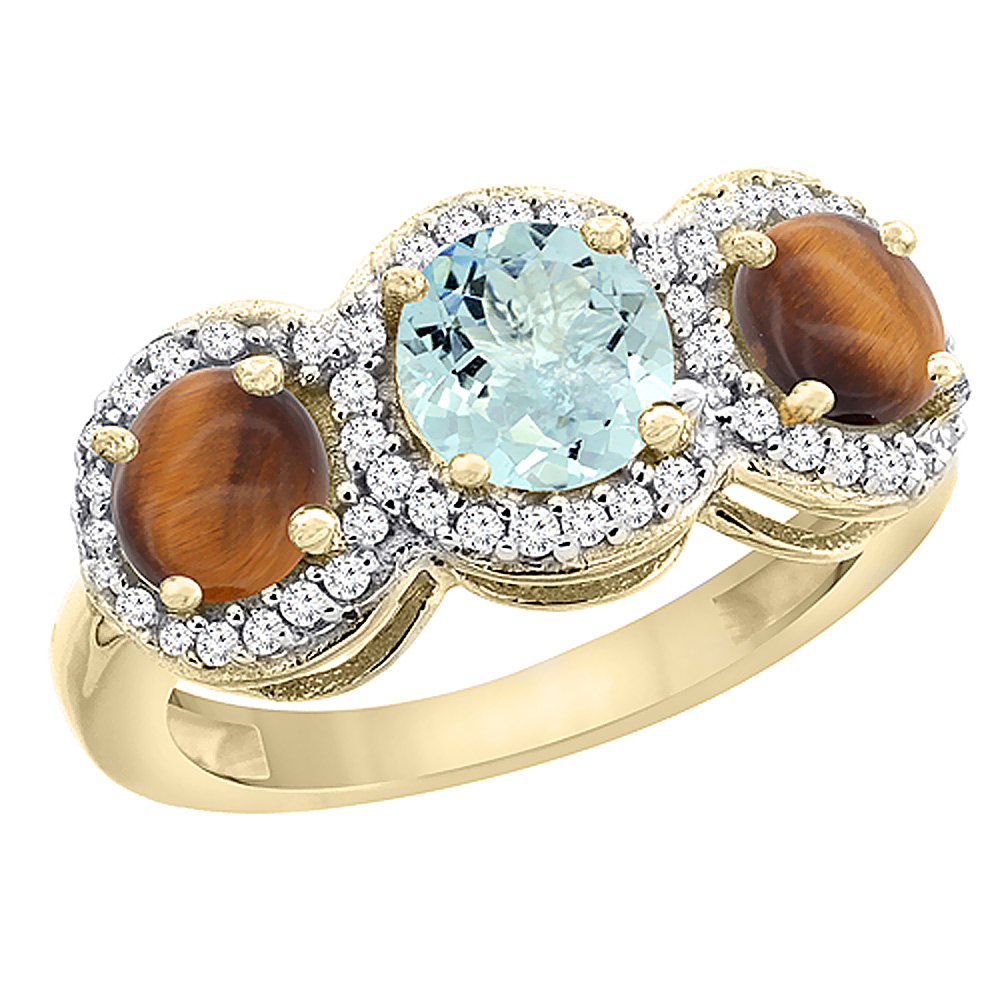 10K Yellow Gold Natural Aquamarine & Tiger Eye Sides Round 3-stone Ring Diamond Accents, sizes 5 - 10
