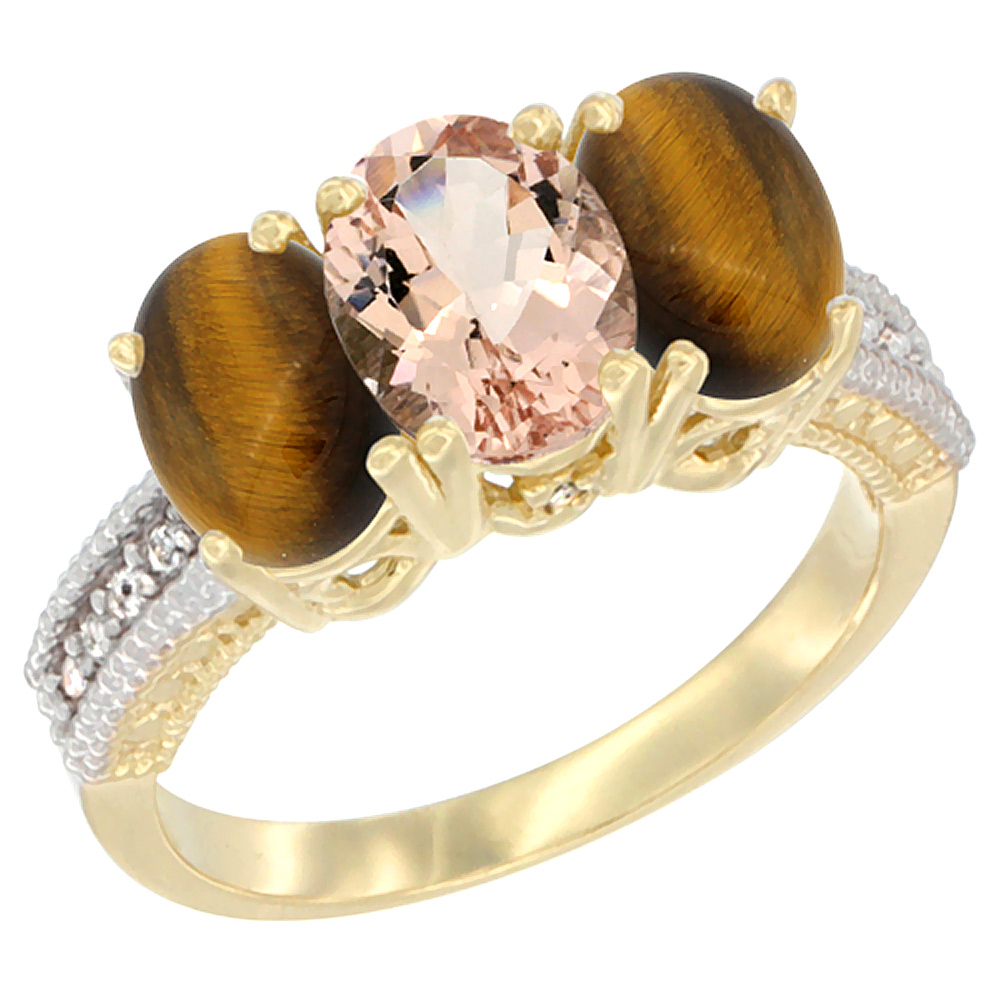 10K Yellow Gold Diamond Natural Morganite & Tiger Eye Ring 3-Stone 7x5 mm Oval, sizes 5 - 10