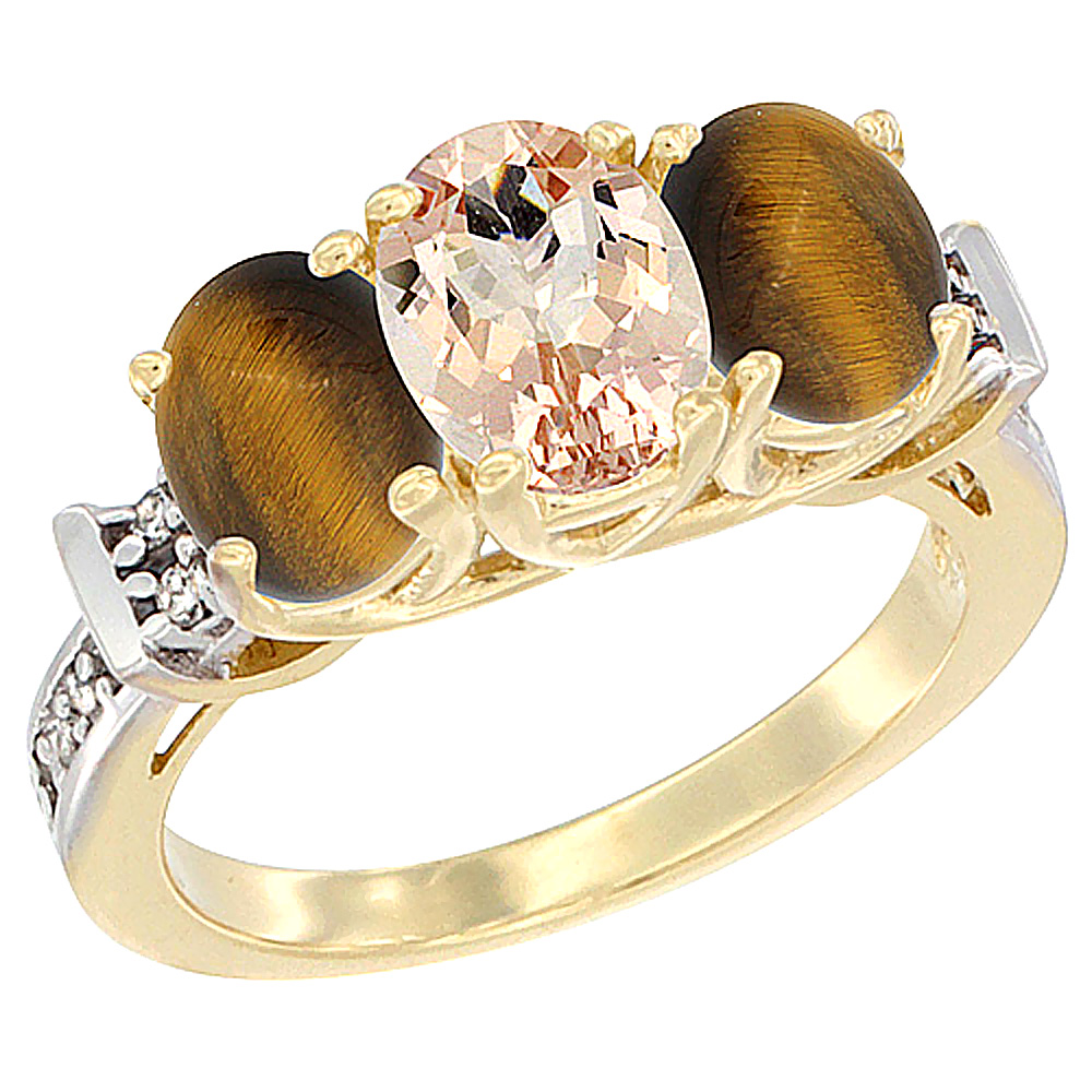 14K Yellow Gold Natural Morganite &amp; Tiger Eye Sides Ring 3-Stone Oval Diamond Accent, sizes 5 - 10
