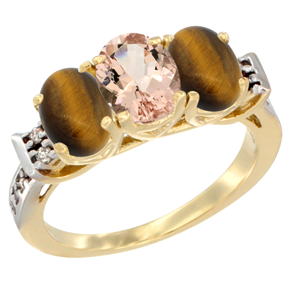 10K Yellow Gold Natural Morganite & Tiger Eye Sides Ring 3-Stone Oval 7x5 mm Diamond Accent, sizes 5 - 10
