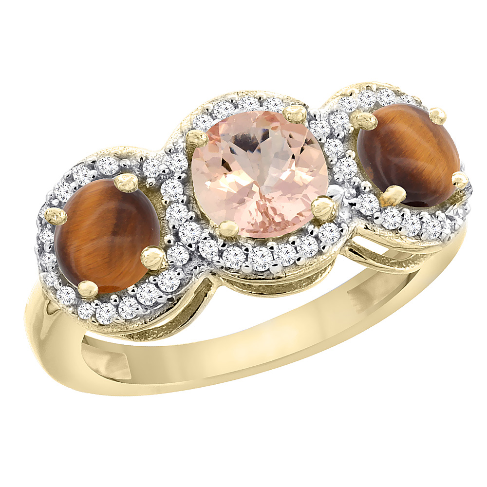 10K Yellow Gold Natural Morganite & Tiger Eye Sides Round 3-stone Ring Diamond Accents, sizes 5 - 10