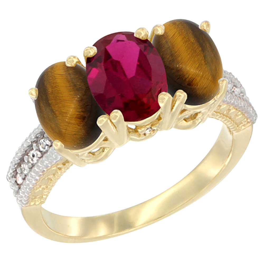 14K Yellow Gold Enhanced Ruby &amp; Natural Tiger Eye Sides Ring 3-Stone 7x5 mm Oval Diamond Accent, sizes 5 - 10
