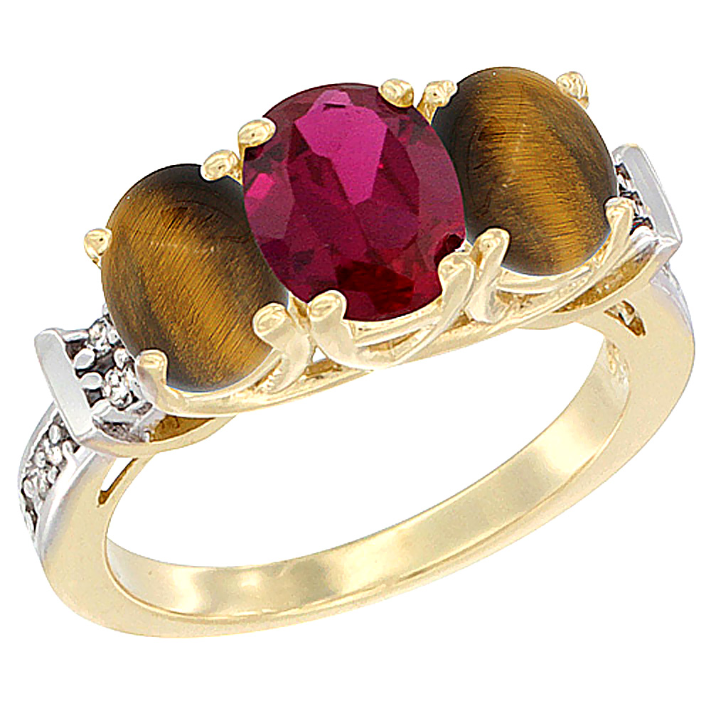 10K Yellow Gold Enhanced Ruby & Tiger Eye Sides Ring 3-Stone Oval Diamond Accent, sizes 5 - 10
