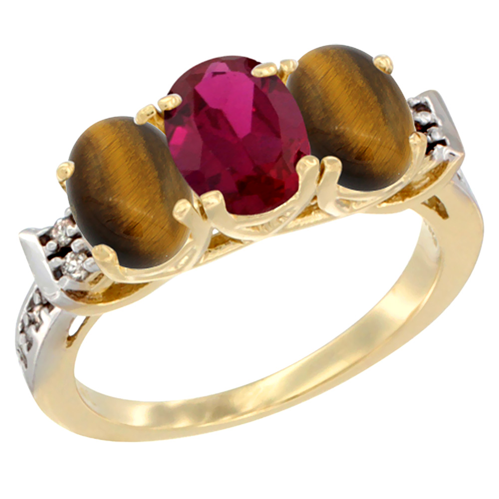 14K Yellow Gold Enhanced Ruby & Natural Tiger Eye Sides Ring 3-Stone Oval 7x5 mm Diamond Accent, sizes 5 - 10