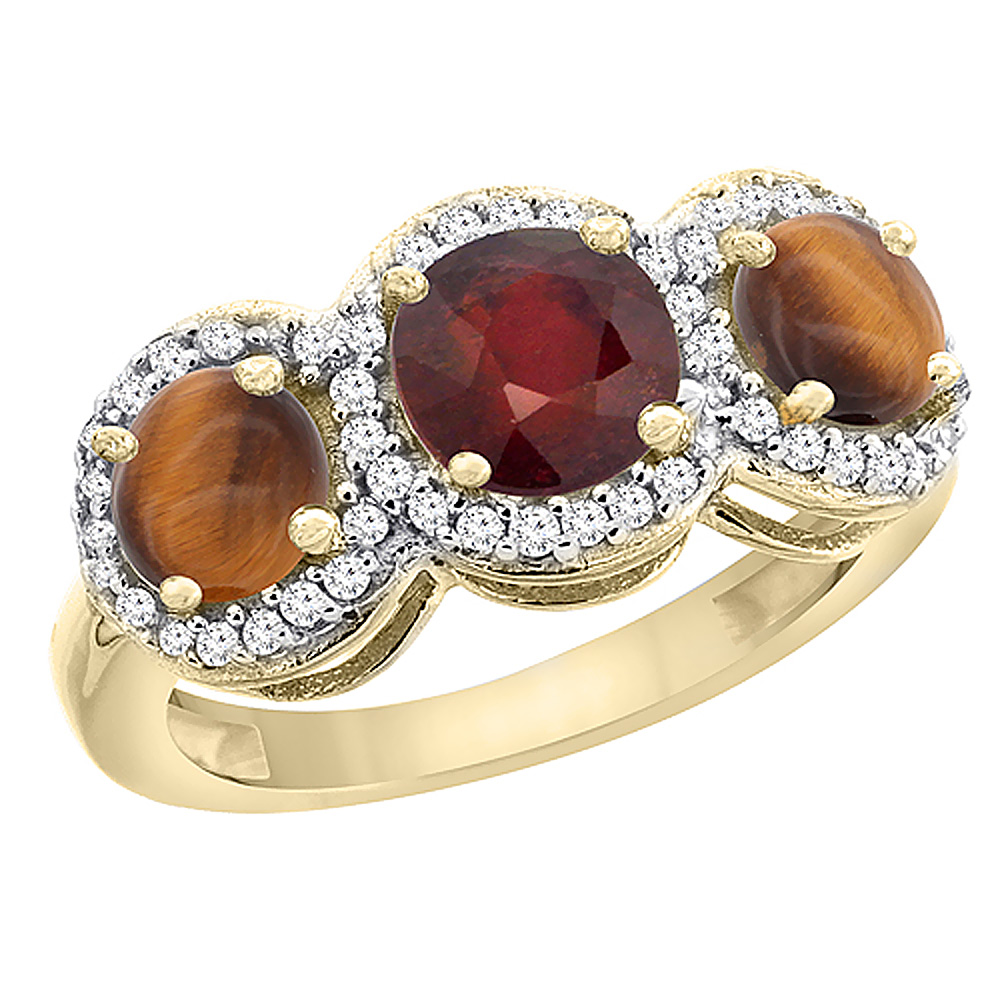 10K Yellow Gold Enhanced Ruby & Tiger Eye Sides Round 3-stone Ring Diamond Accents, sizes 5 - 10