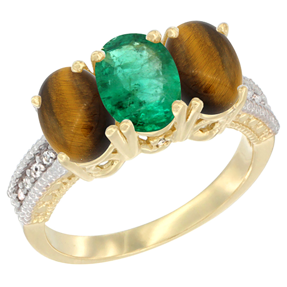 10K Yellow Gold Diamond Natural Emerald & Tiger Eye Ring 3-Stone 7x5 mm Oval, sizes 5 - 10