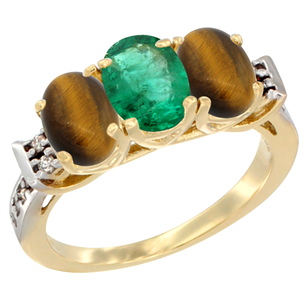 14K Yellow Gold Natural Emerald &amp; Tiger Eye Sides Ring 3-Stone Oval 7x5 mm Diamond Accent, sizes 5 - 10