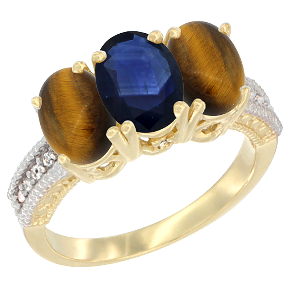 14K Yellow Gold Natural Blue Sapphire &amp; Tiger Eye Sides Ring 3-Stone 7x5 mm Oval Diamond Accent, sizes 5 - 10